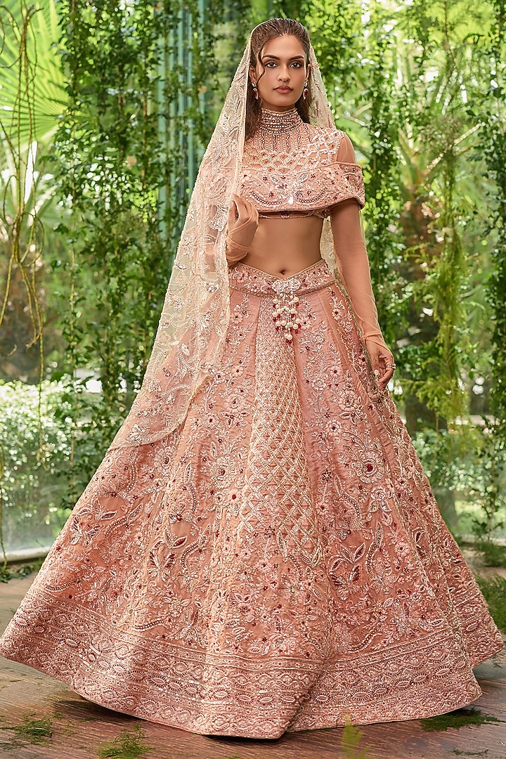 Peach Organza Floral Embroidered Bridal Bridal Lehenga Set by Jigar & Nikita at Pernia's Pop Up Shop