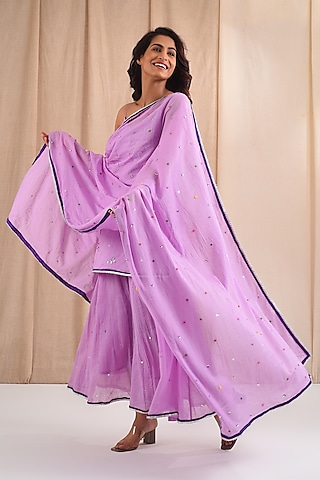 Lavender Cotton Floral Sequin Hand Embroidered Sharara Set by Blushing Couture by Shafali
