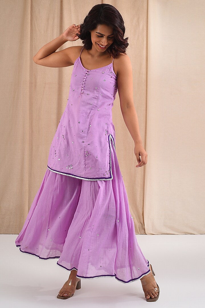 Lavender Cotton Floral Sequin Hand Embroidered Sharara Set by Blushing Couture by Shafali at Pernia's Pop Up Shop