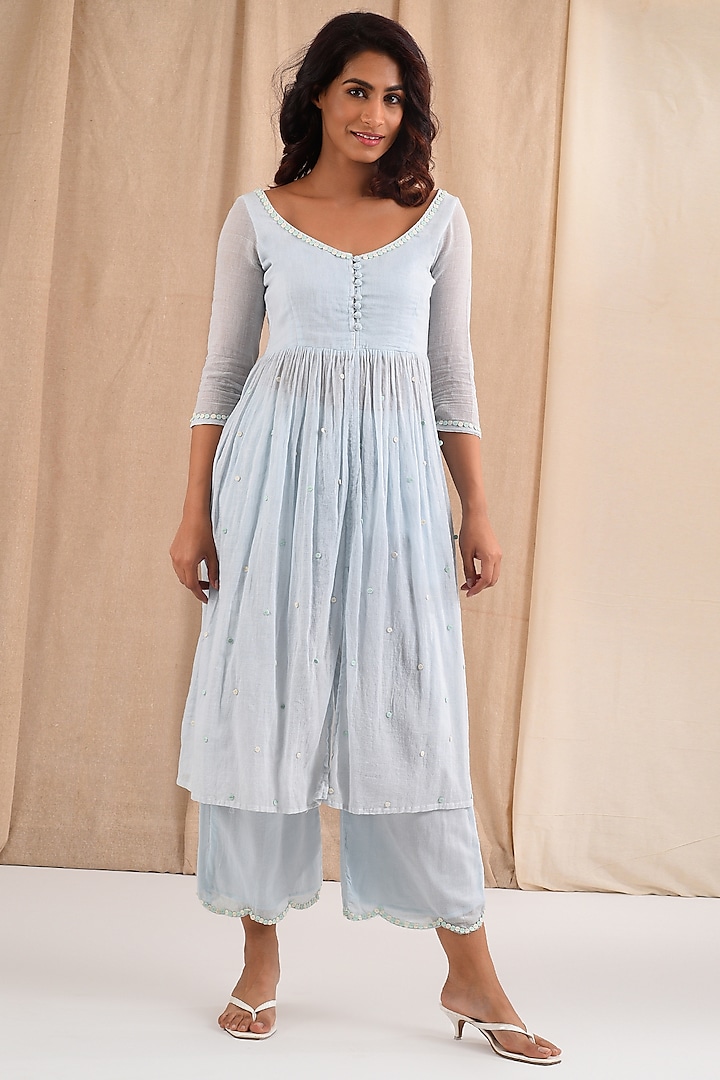 Powder Blue Cotton Hand Embroidered Kurta Set by Blushing Couture by Shafali