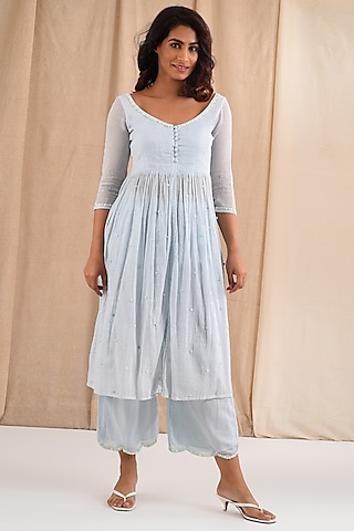 Powder Blue Cotton Hand Embroidered Kurta Set by Blushing Couture by Shafali