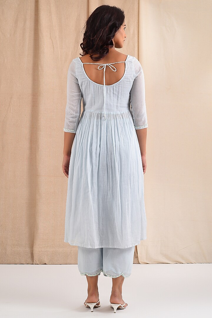 Powder Blue Cotton Hand Embroidered Kurta Set by Blushing Couture by Shafali at Pernia's Pop Up Shop