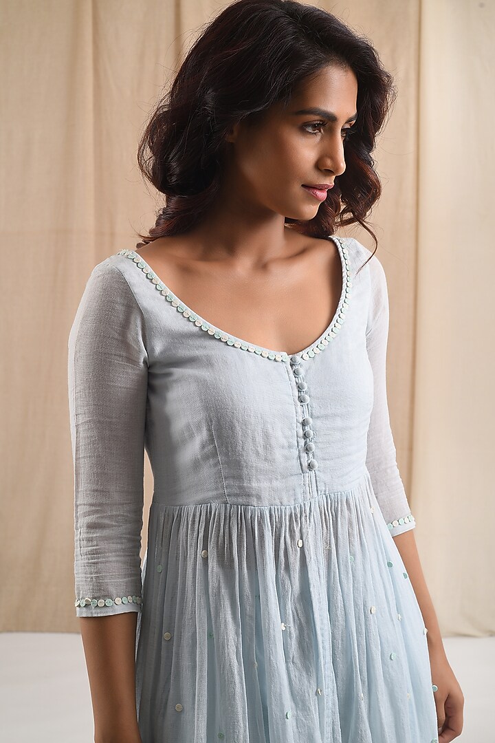 Powder Blue Cotton Hand Embroidered Kurta Set by Blushing Couture by Shafali at Pernia's Pop Up Shop