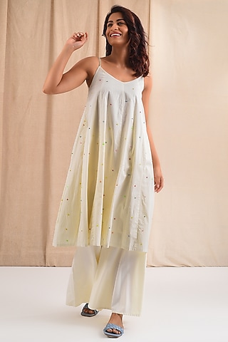 Cream Cotton Hand Embroidered Kurta Set by Blushing Couture by Shafali
