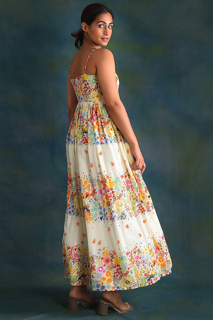 Cream Cotton Printed & Hand Embroidered Maxi Summer Dress by Blushing Couture by Shafali at Pernia's Pop Up Shop