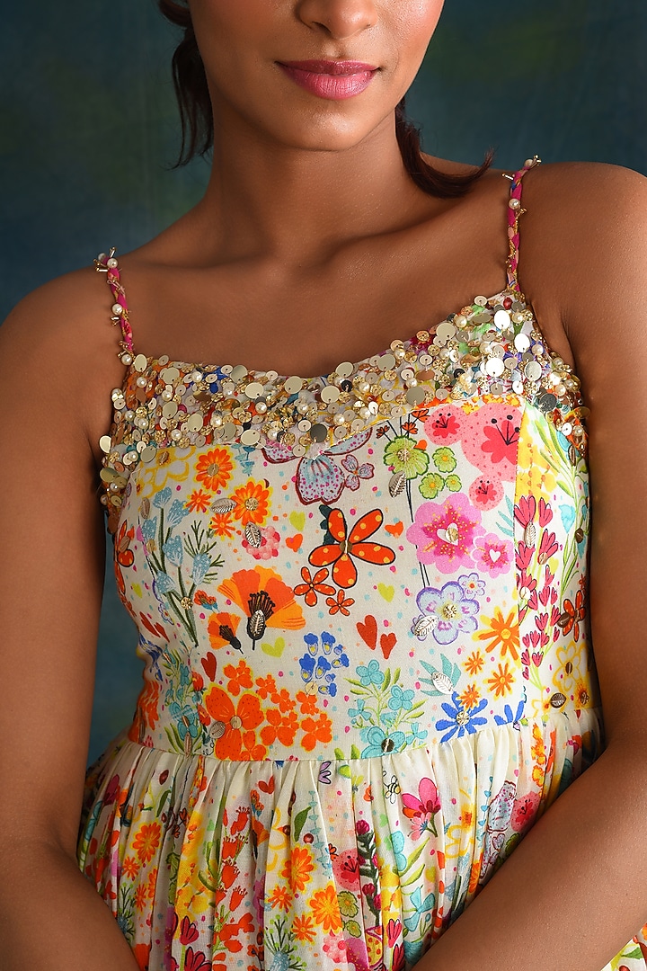 Cream Cotton Printed & Hand Embroidered Maxi Summer Dress by Blushing Couture by Shafali at Pernia's Pop Up Shop