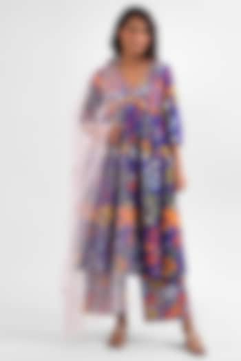 Purple Cotton Floral Printed & Hand Embroidered Kurta Set by Blushing Couture by Shafali