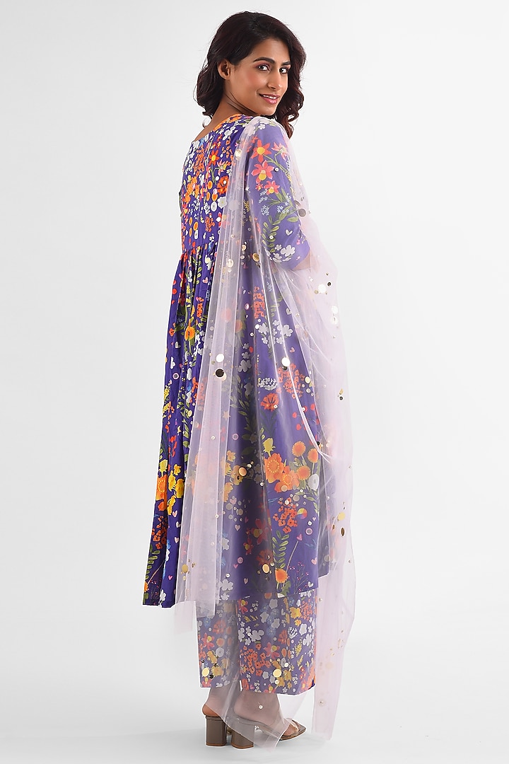 Purple Cotton Floral Printed & Hand Embroidered Kurta Set by Blushing Couture by Shafali at Pernia's Pop Up Shop