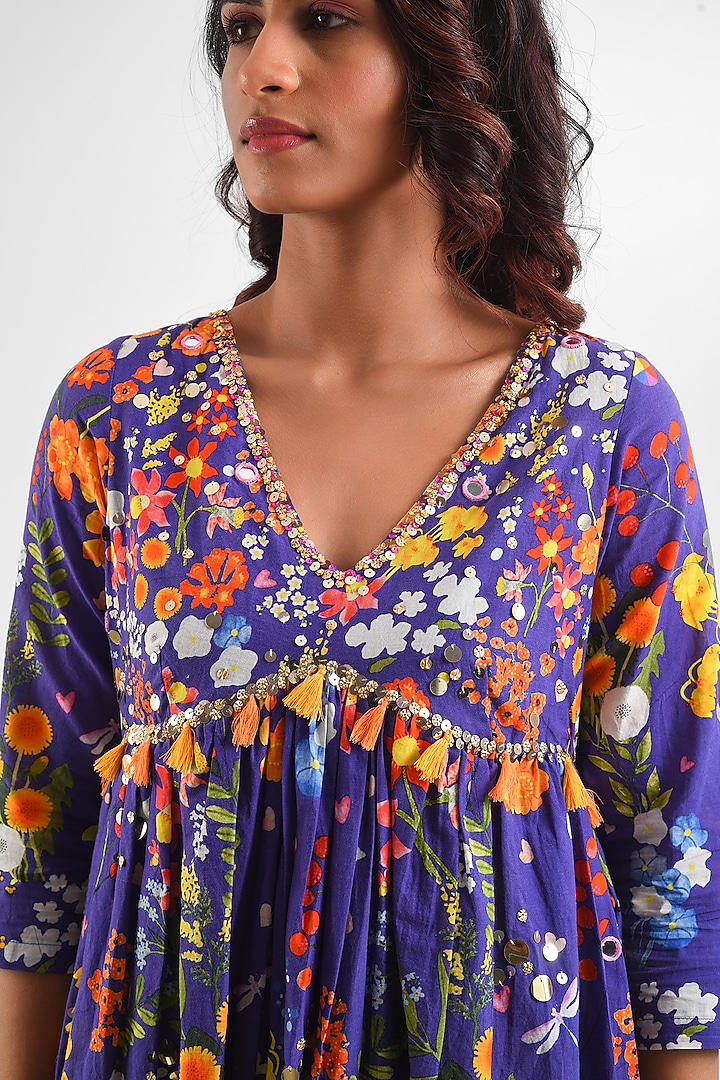 Purple Cotton Floral Printed & Hand Embroidered Kurta Set by Blushing Couture by Shafali at Pernia's Pop Up Shop