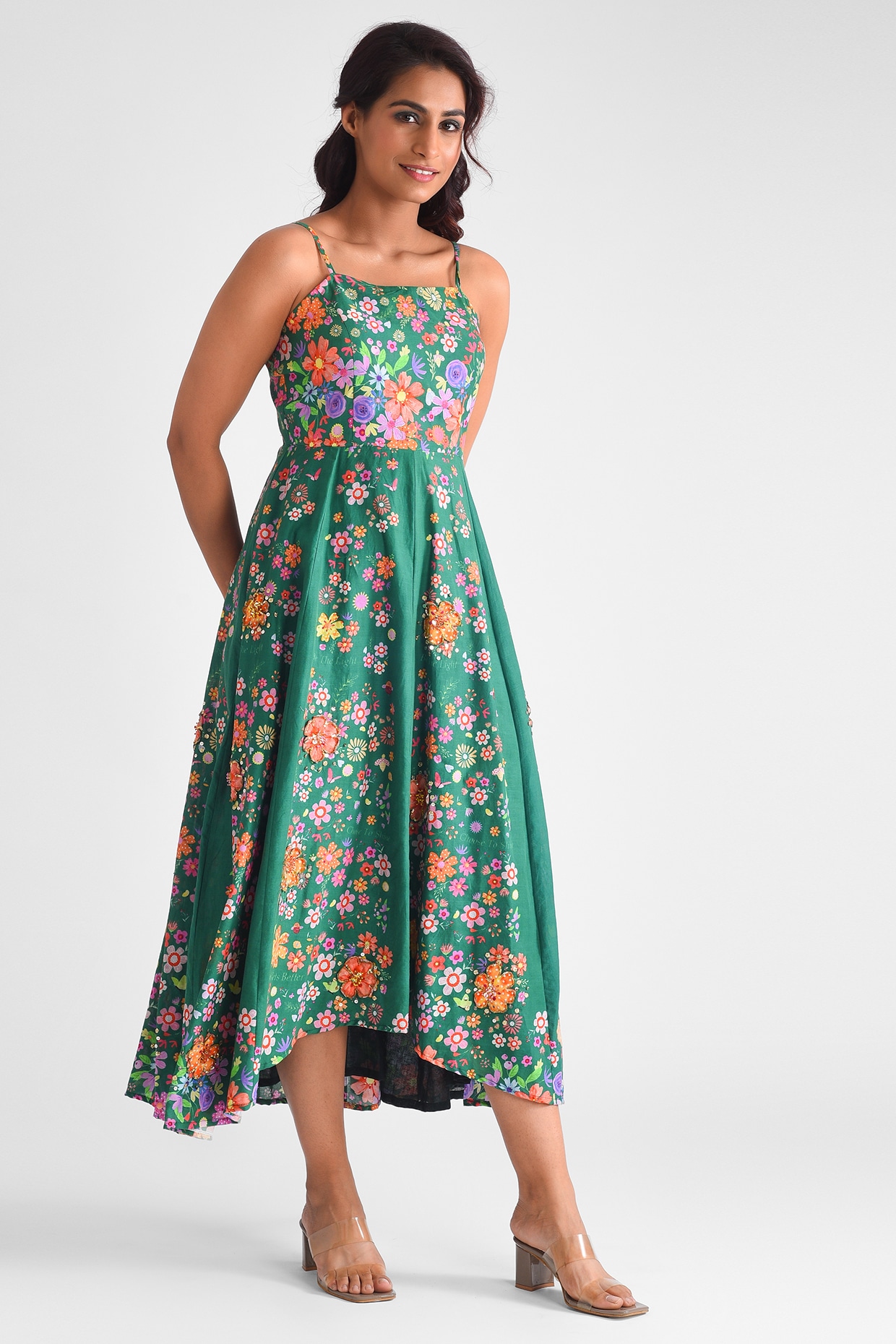 Green Cotton Floral Printed Strappy Midi Dress by Blushing Couture by  Shafali at Pernia's Pop Up Shop 2025