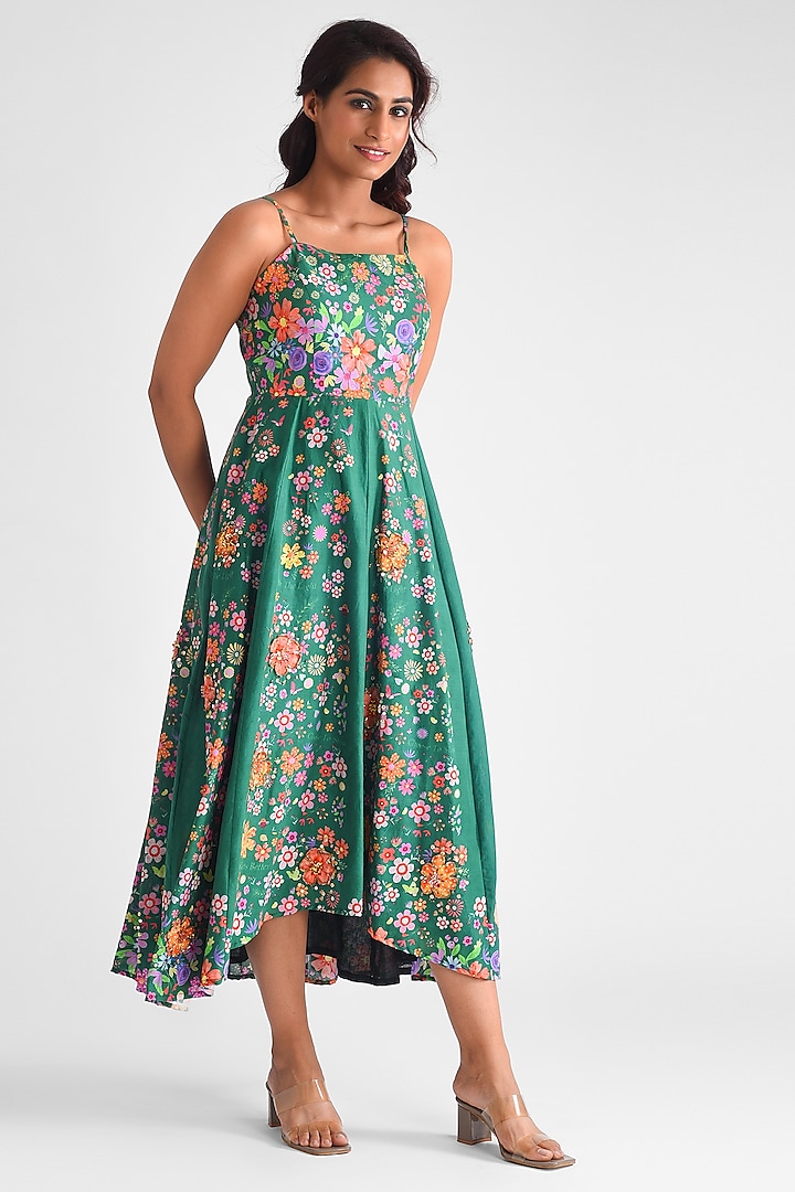 Green Cotton Floral Printed Strappy Midi Dress by Blushing Couture by Shafali