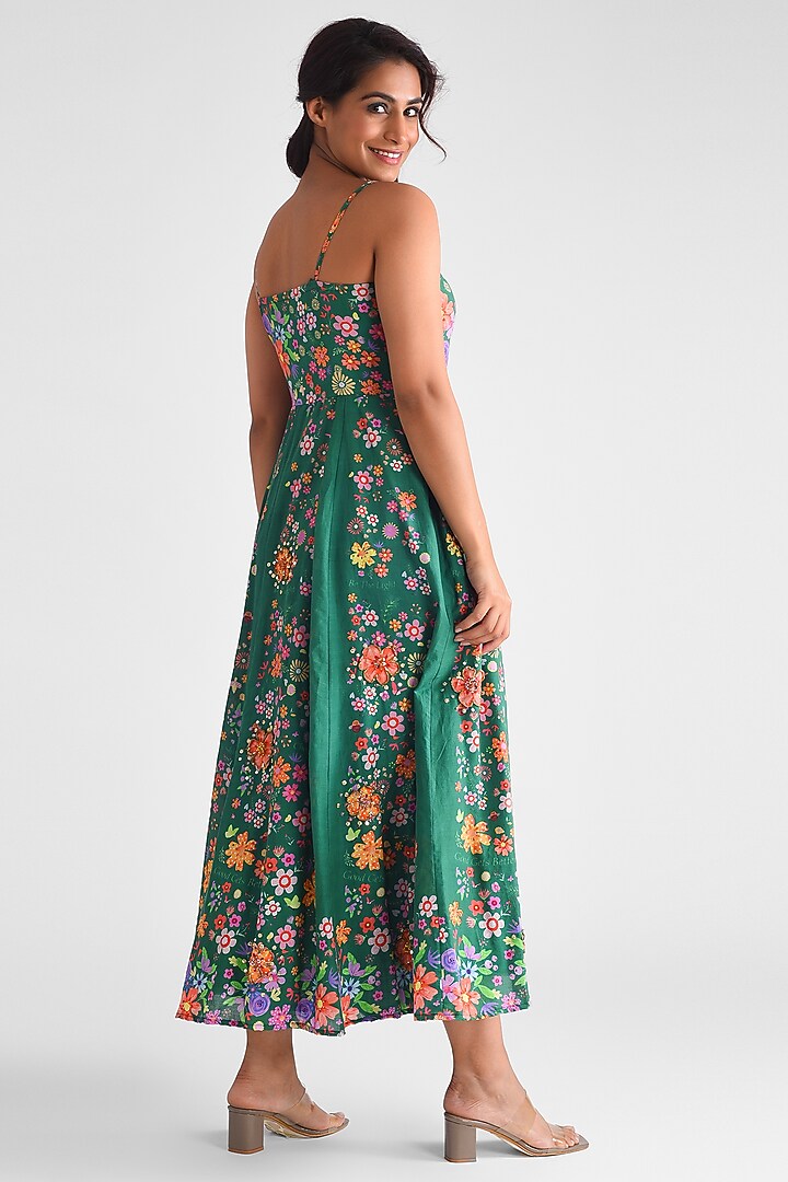 Green Cotton Floral Printed Strappy Midi Summer Dress by Blushing Couture by Shafali at Pernia's Pop Up Shop