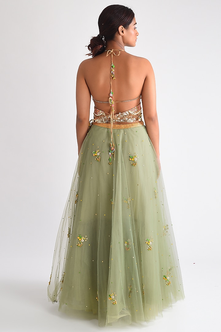Pista Green Net Sequins & Ghungroo Hand Embroidered Lehenga Set by Blushing Couture by Shafali at Pernia's Pop Up Shop
