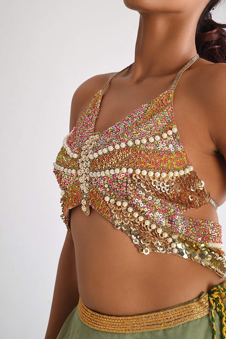 Pista Green Net Sequins & Ghungroo Hand Embroidered Lehenga Set by Blushing Couture by Shafali at Pernia's Pop Up Shop