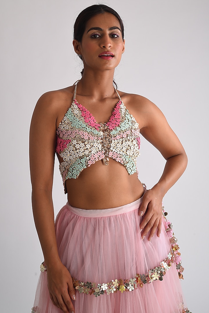 Pink Tulle Hand Embroidered Butterfly Blouse by Blushing Couture by Shafali