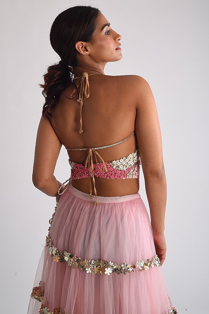 Pink Tulle Hand Embroidered Butterfly Blouse by Blushing Couture by Shafali at Pernia's Pop Up Shop