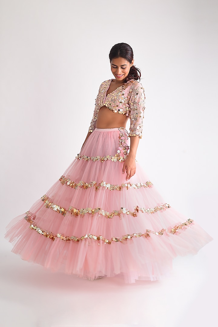 Pink Net Floral Embroidered Lehenga Set by Blushing Couture by Shafali