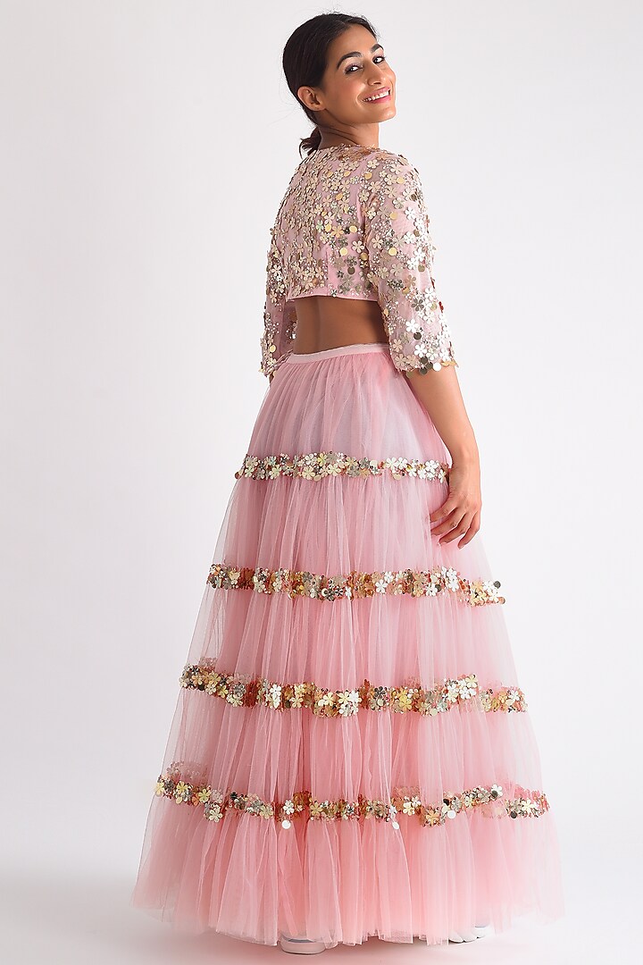 Pink Net Floral Embroidered Lehenga Set by Blushing Couture by Shafali at Pernia's Pop Up Shop