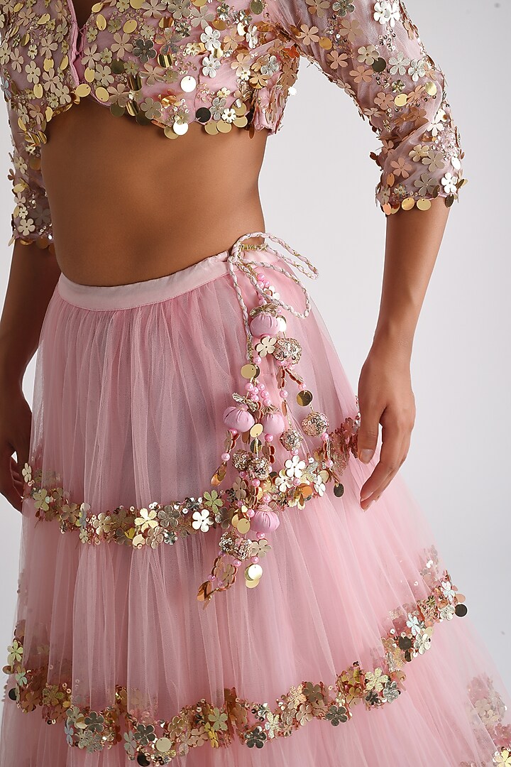 Pink Net Floral Embroidered Lehenga Set by Blushing Couture by Shafali at Pernia's Pop Up Shop