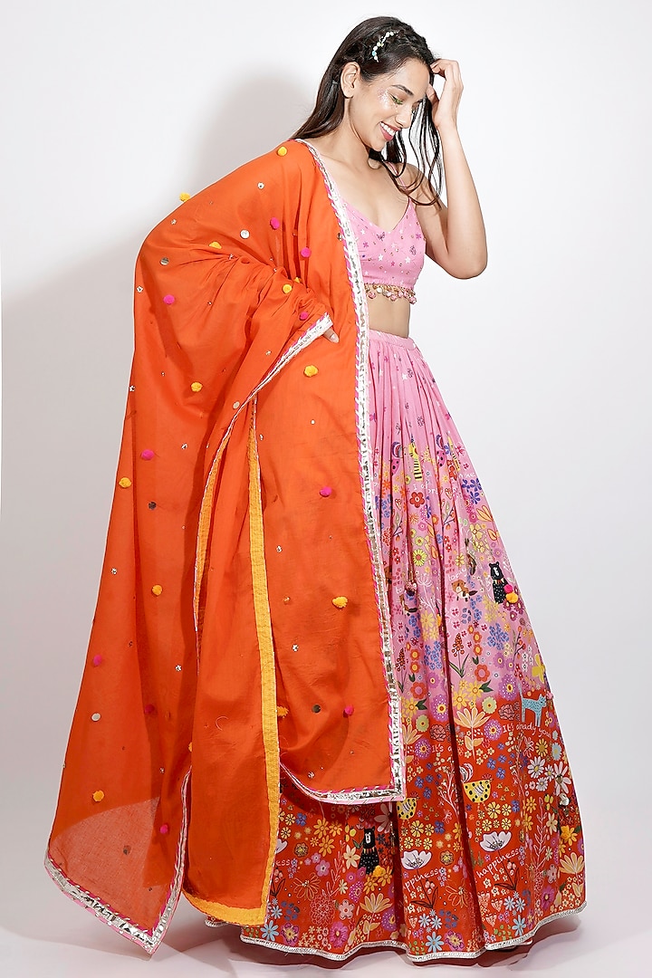 Pink Cotton Voile Printed & Hand Embroidered Ombre Lehenga Set by Blushing Couture by Shafali