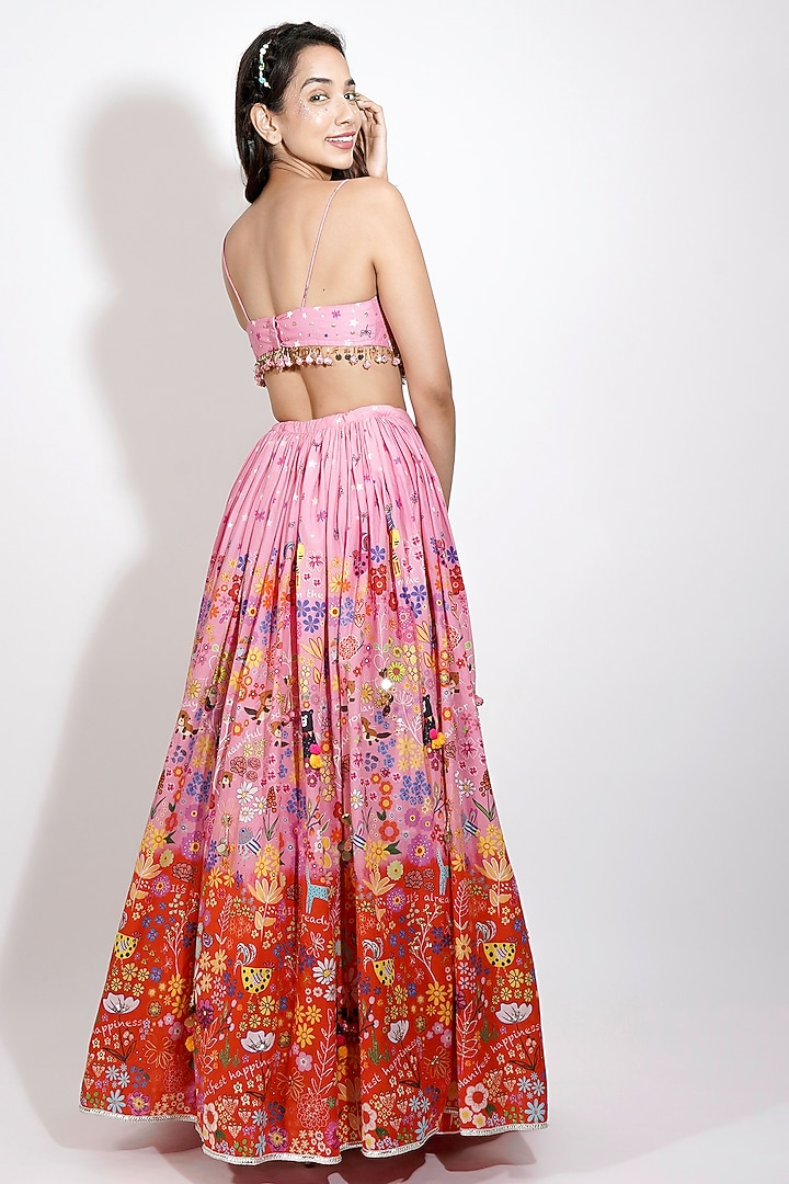 Pink Cotton Voile Printed & Hand Embroidered Ombre Lehenga Set by Blushing Couture by Shafali at Pernia's Pop Up Shop