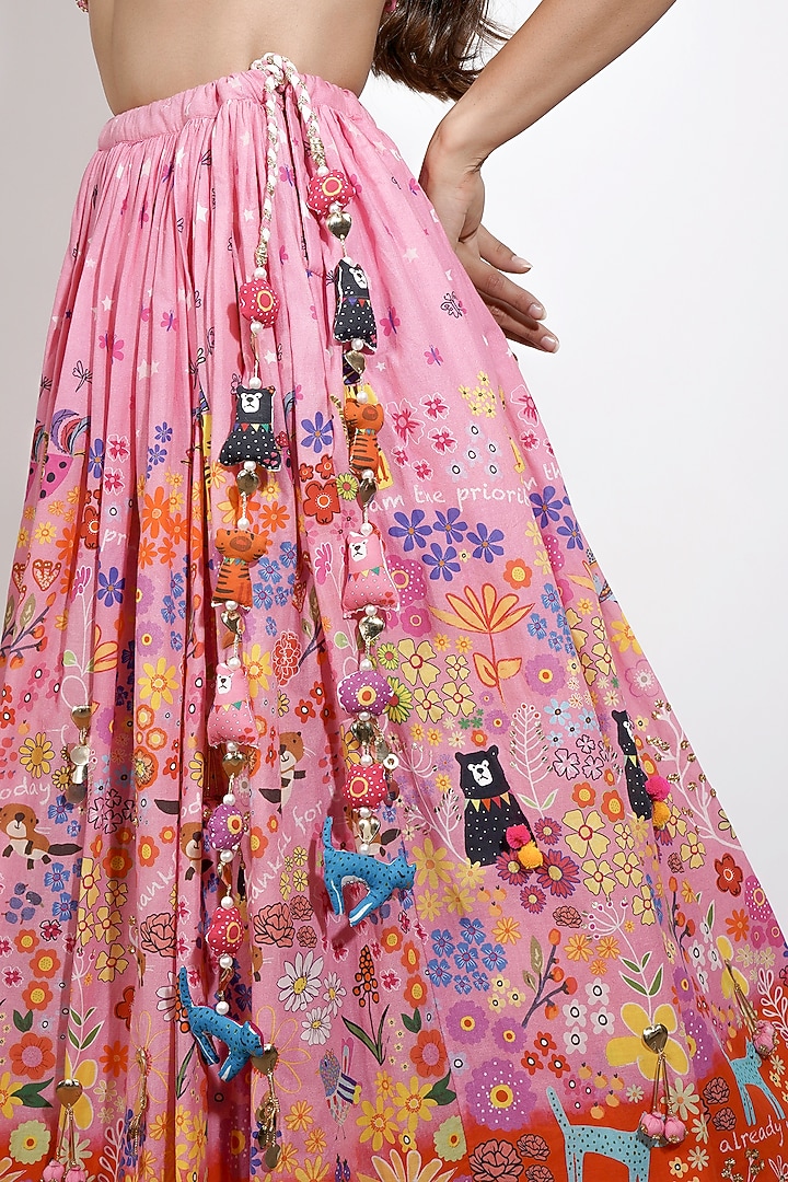 Pink Cotton Voile Printed & Hand Embroidered Ombre Lehenga Set by Blushing Couture by Shafali at Pernia's Pop Up Shop
