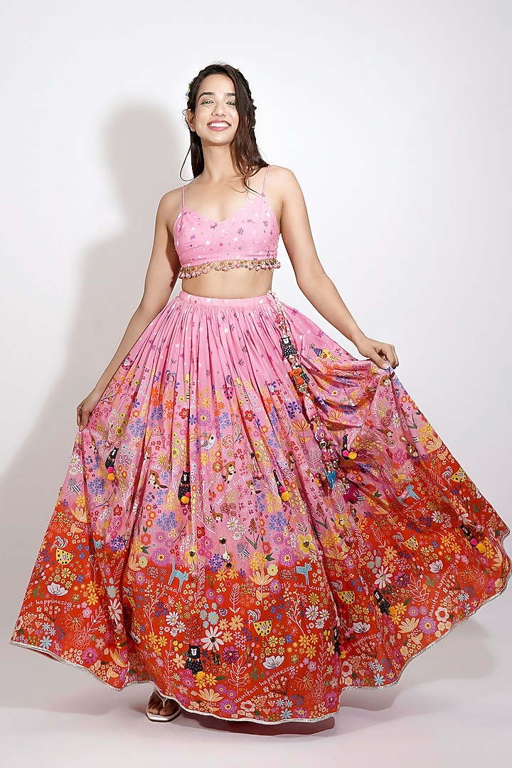 Pink Cotton Voile Printed & Hand Embroidered Ombre Lehenga Set by Blushing Couture by Shafali at Pernia's Pop Up Shop