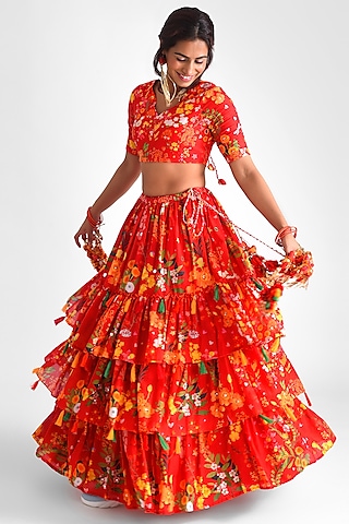 Red Cotton Printed Tiered Lehenga Set by Blushing Couture by Shafali