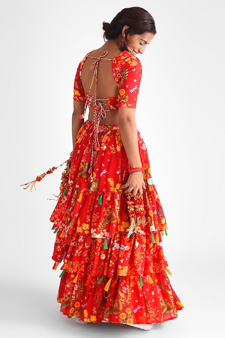 Red Cotton Printed Tiered Lehenga Set by Blushing Couture by Shafali at Pernia's Pop Up Shop