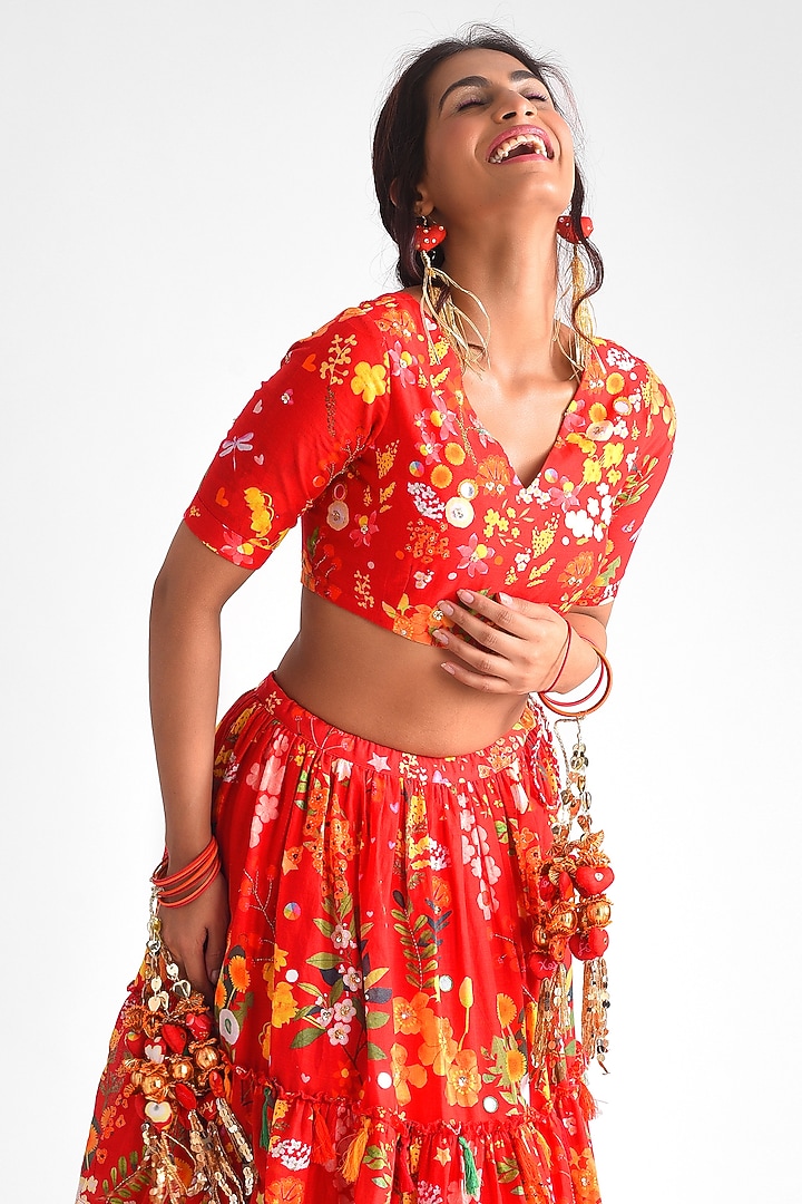 Red Cotton Printed Tiered Lehenga Set by Blushing Couture by Shafali at Pernia's Pop Up Shop