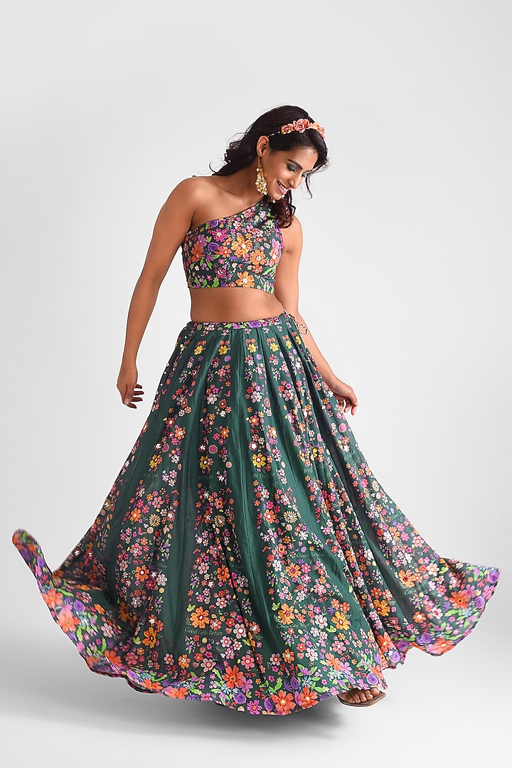Green Cotton Floral Printed & Hand Embroidered Lehenga Set by Blushing Couture by Shafali