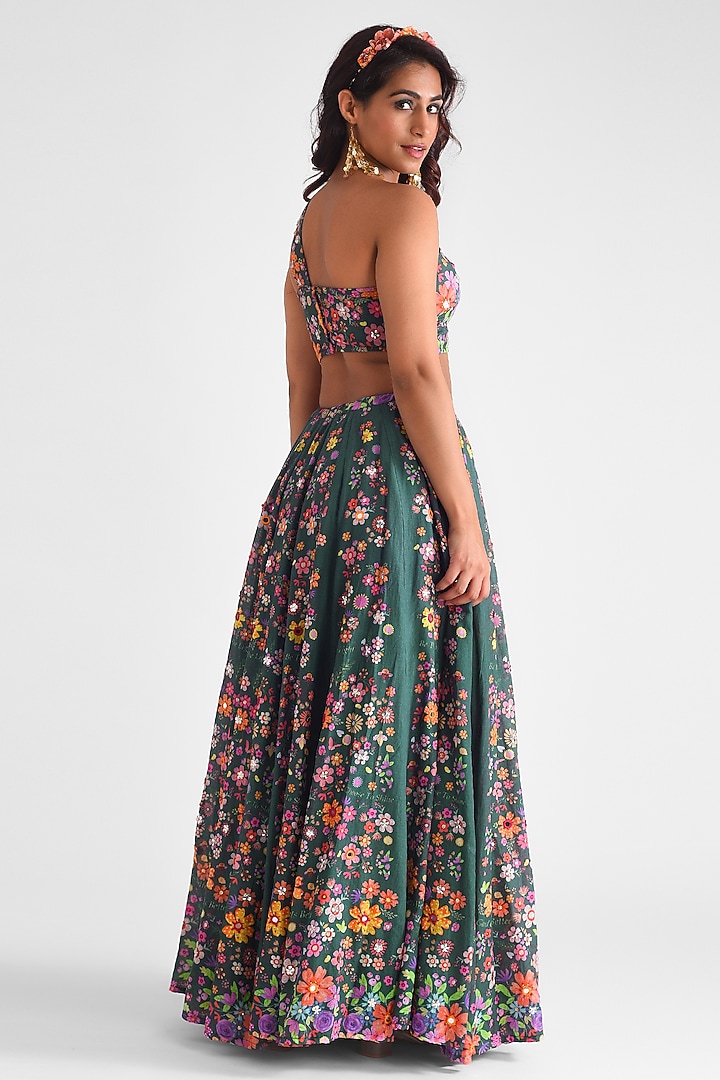 Green Cotton Floral Printed & Hand Embroidered Lehenga Set by Blushing Couture by Shafali at Pernia's Pop Up Shop