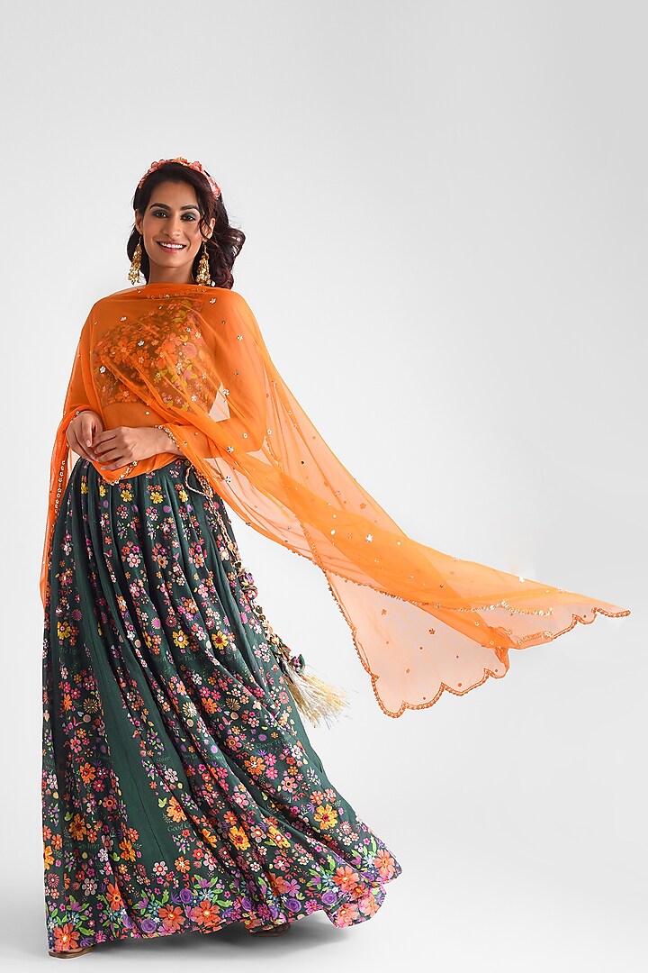 Green Cotton Floral Printed & Hand Embroidered Lehenga Set by Blushing Couture by Shafali at Pernia's Pop Up Shop