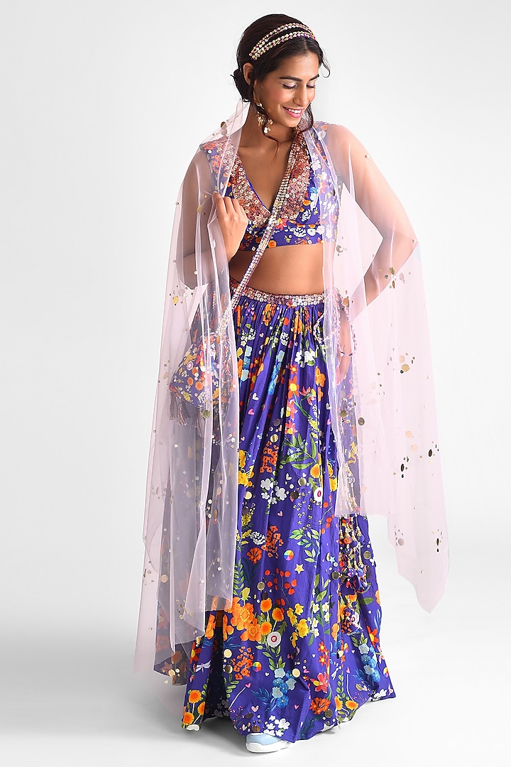 Purple Cotton Floral Printed Lehenga Set by Blushing Couture by Shafali