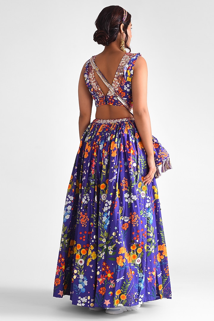 Purple Cotton Floral Printed Lehenga Set by Blushing Couture by Shafali at Pernia's Pop Up Shop