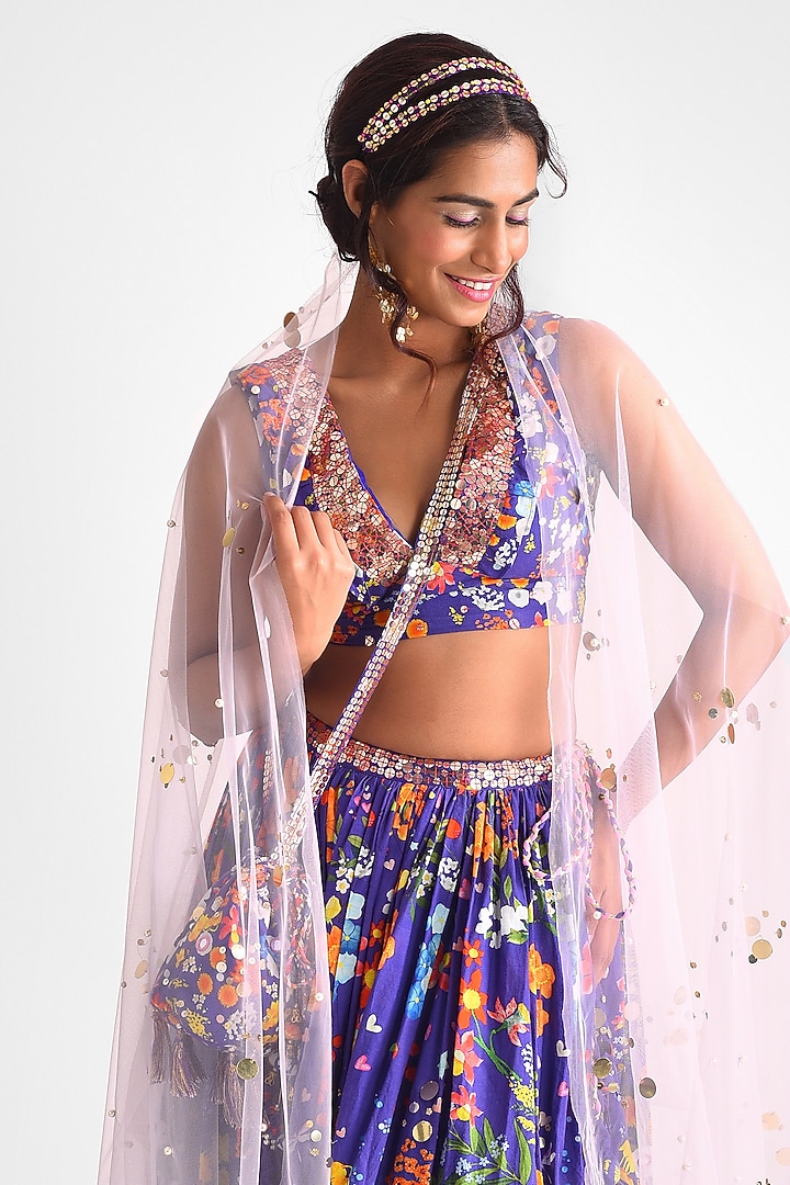 Purple Cotton Floral Printed Lehenga Set by Blushing Couture by Shafali at Pernia's Pop Up Shop