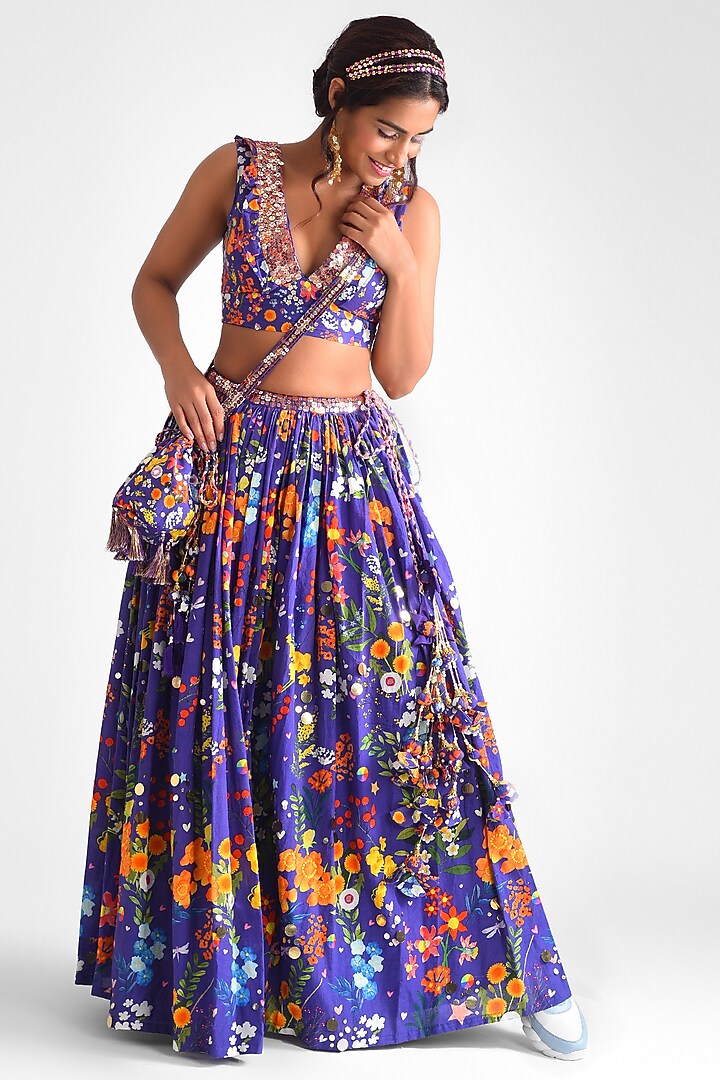 Purple Cotton Floral Printed Lehenga Set by Blushing Couture by Shafali at Pernia's Pop Up Shop