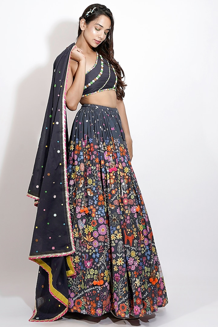 Black Cotton Floral Printed & 3D Hand Embroidered Lehenga Set by Blushing Couture by Shafali