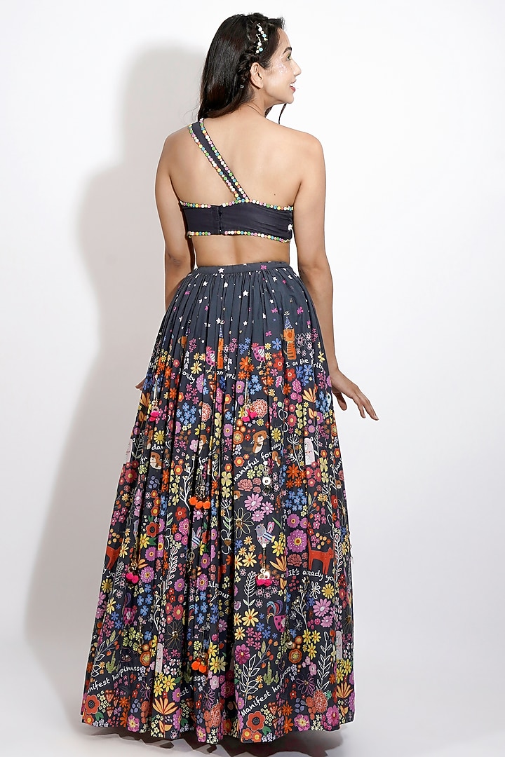 Black Cotton Floral Printed & 3D Hand Embroidered Lehenga Set by Blushing Couture by Shafali at Pernia's Pop Up Shop