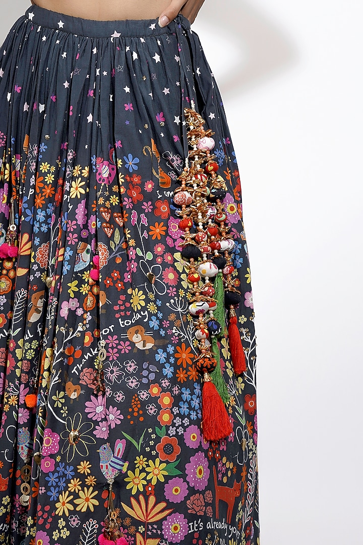 Black Cotton Floral Printed & 3D Hand Embroidered Lehenga Set by Blushing Couture by Shafali at Pernia's Pop Up Shop
