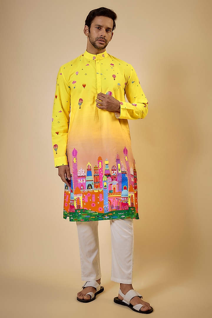 Yellow Cotton Printed Kurta Set by Blushing Couture by Shafali Men at Pernia's Pop Up Shop