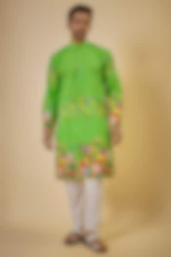 Neon Green Cotton Printed Kurta Set by Blushing Couture by Shafali Men at Pernia's Pop Up Shop