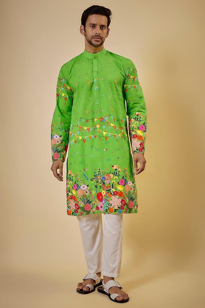 Neon Green Cotton Printed Kurta Set by Blushing Couture by Shafali Men at Pernia's Pop Up Shop