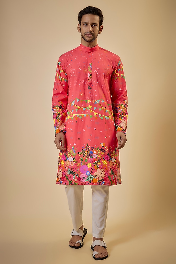 Coral Cotton Printed Kurta Set by Blushing Couture by Shafali Men