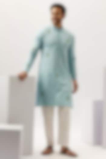 Blue Cotton Hand Embroidered Kurta Set by Blushing Couture by Shafali Men