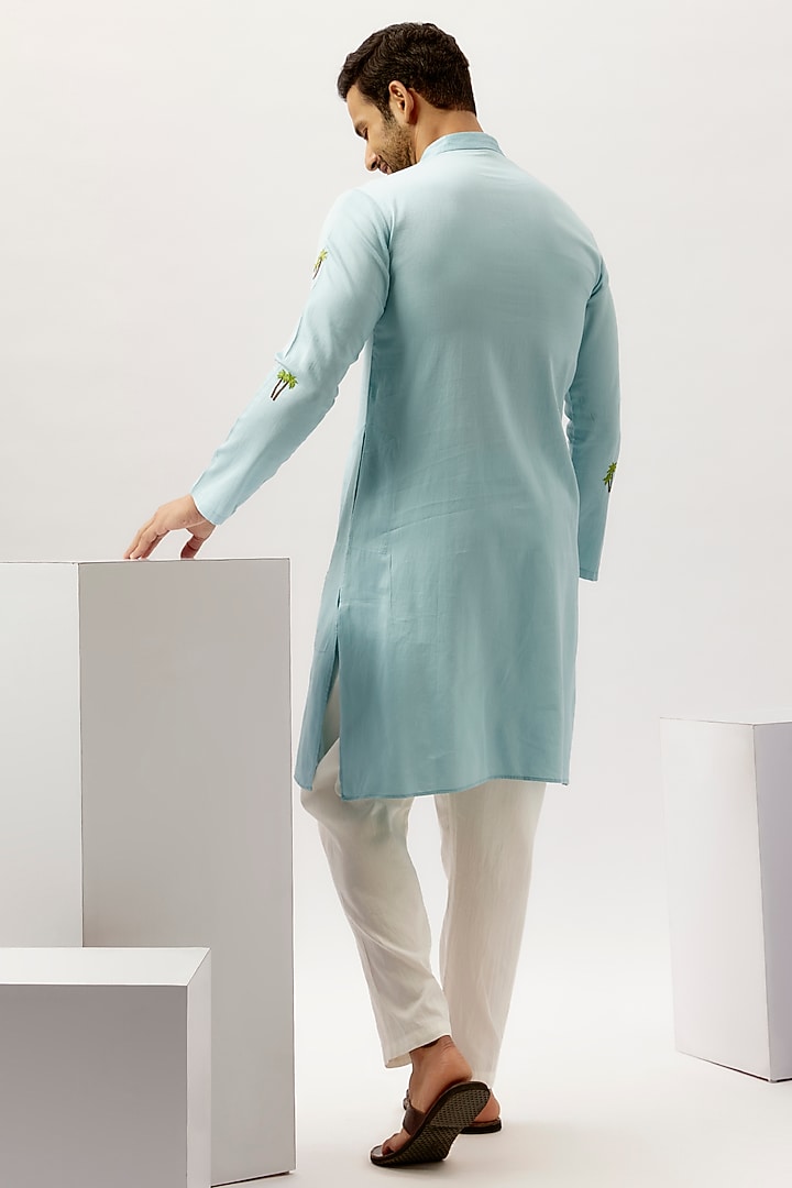 Blue Cotton Hand Embroidered Kurta Set by Blushing Couture by Shafali Men at Pernia's Pop Up Shop