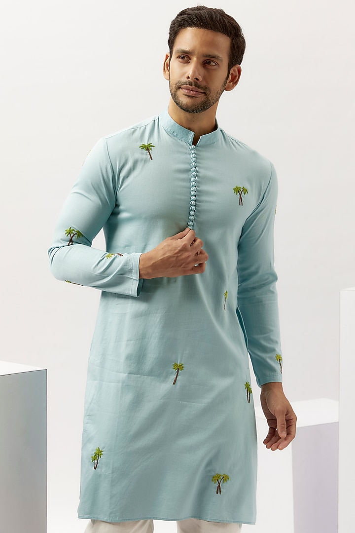 Blue Cotton Hand Embroidered Kurta Set by Blushing Couture by Shafali Men at Pernia's Pop Up Shop