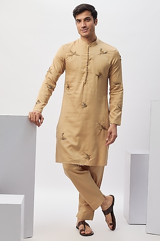 Beige Cotton Motif Hand Embroidered Kurta Set by Blushing Couture by Shafali Men