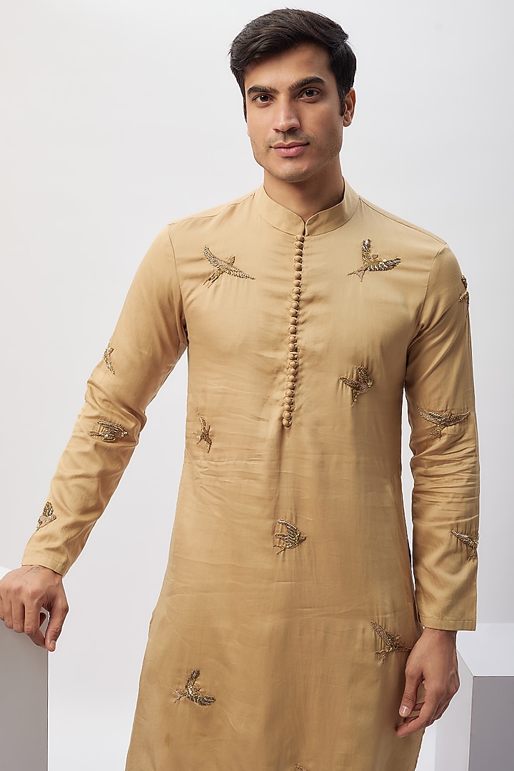 Beige Cotton Motif Hand Embroidered Kurta Set by Blushing Couture by Shafali Men at Pernia's Pop Up Shop