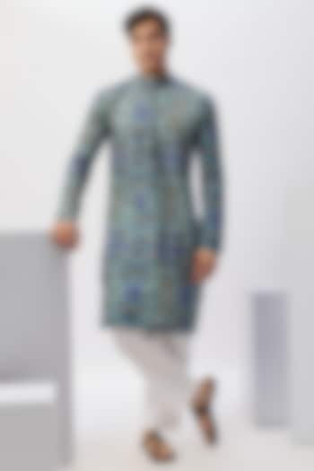 Blue Cotton Digital Printed Kurta Set by Blushing Couture by Shafali Men